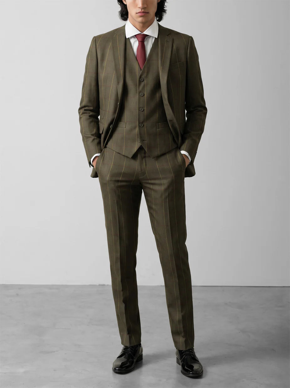 Olive Herringbone Windowpane Three Piece Suit