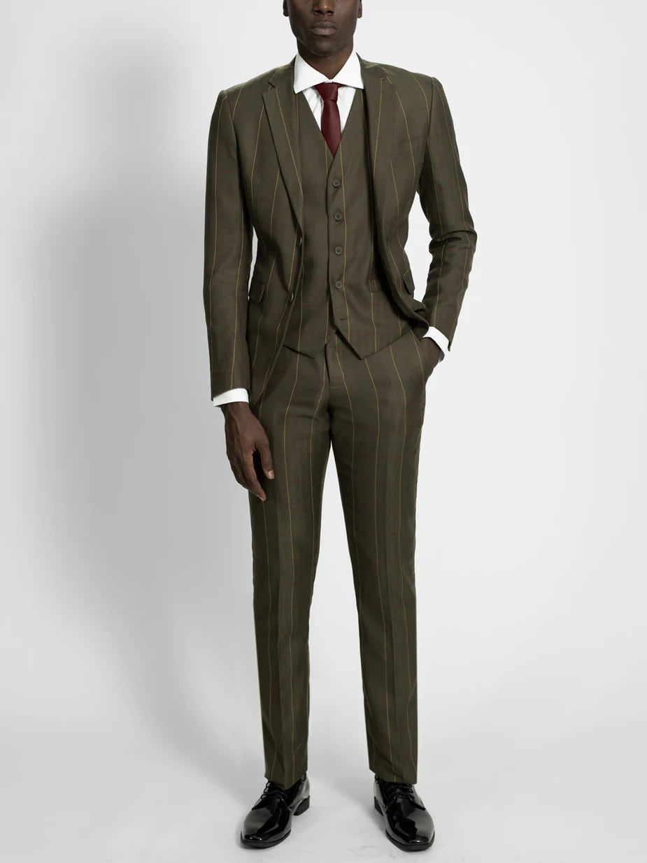 Olive Herringbone Windowpane Three Piece Suit