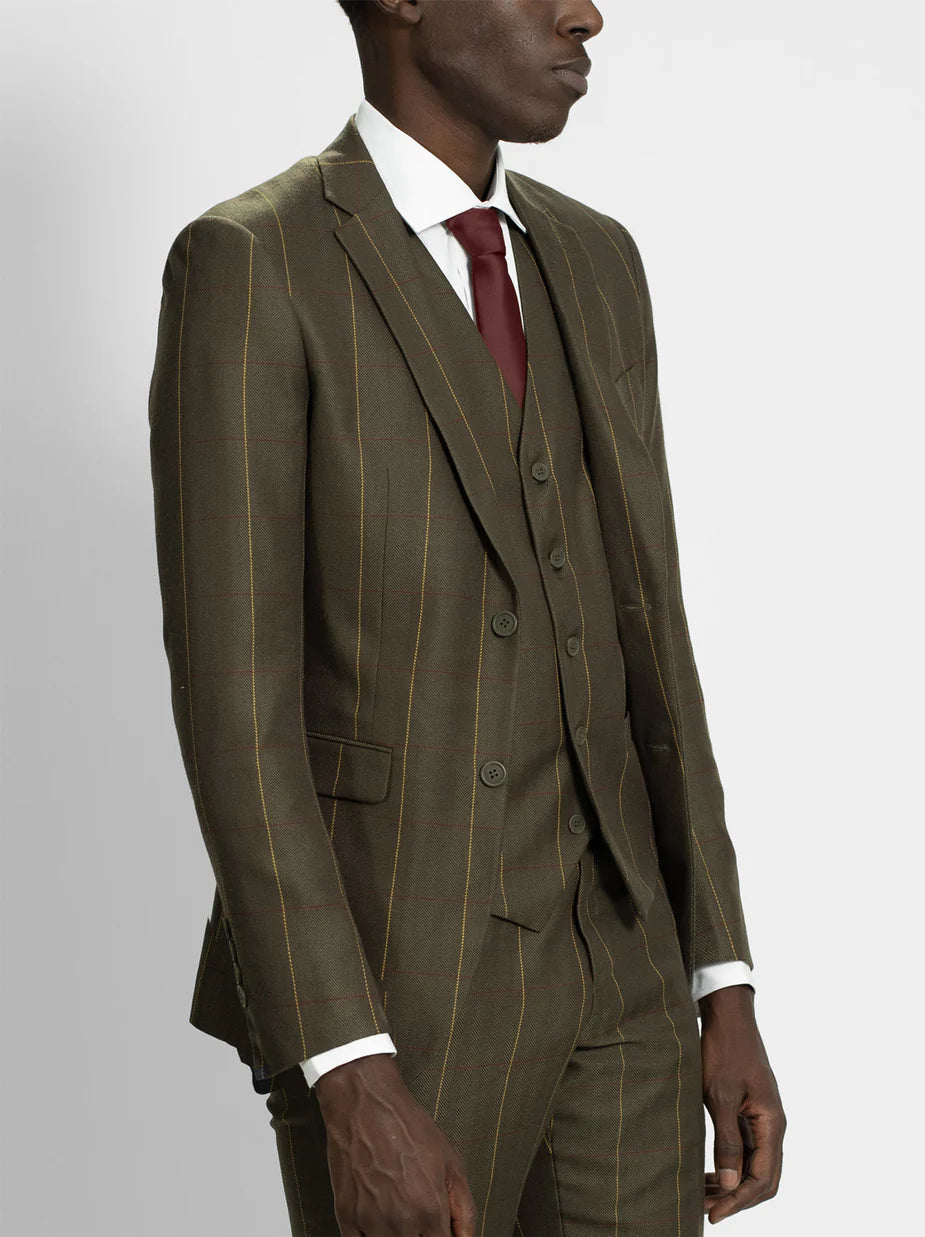 Olive Herringbone Windowpane Three Piece Suit