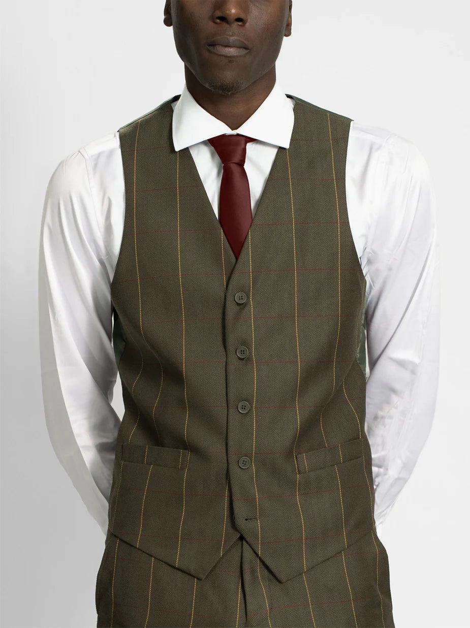 Olive Herringbone Windowpane Three Piece Suit