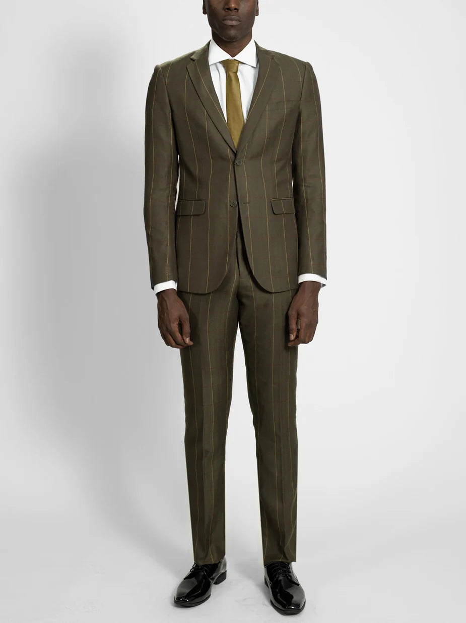 Olive Herringbone Windowpane Three Piece Suit