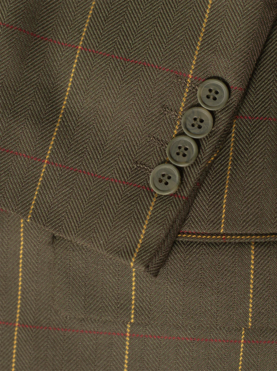 Olive Herringbone Windowpane Three Piece Suit