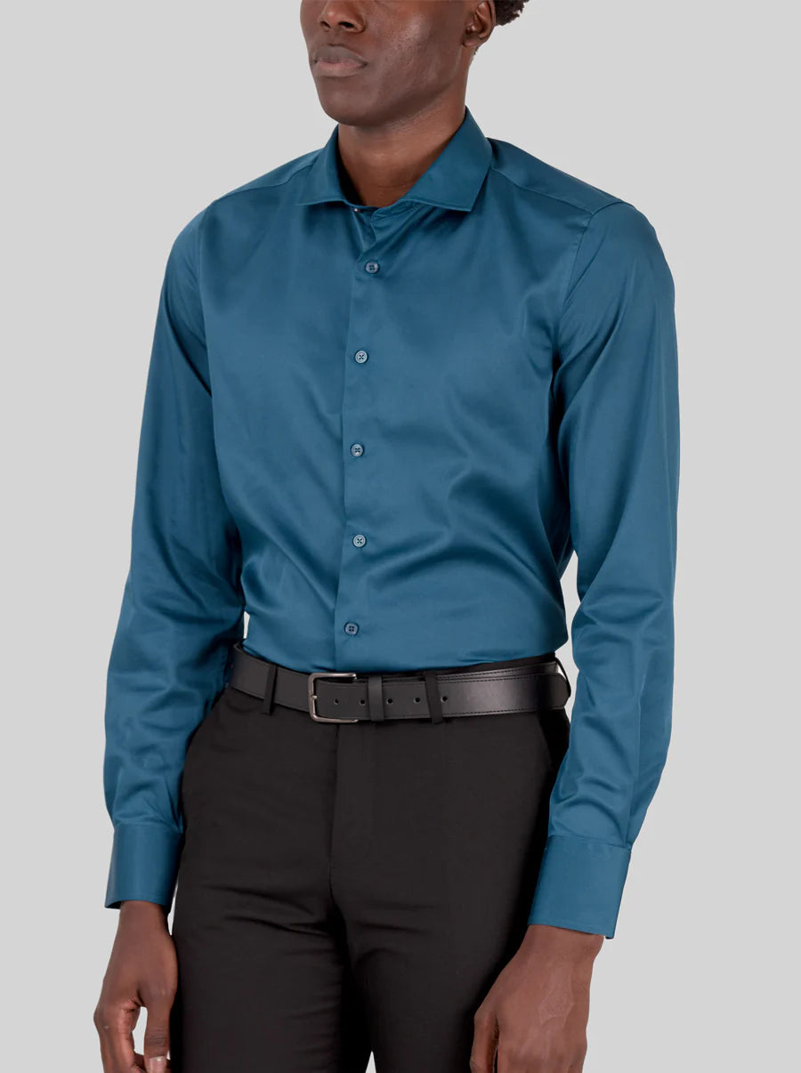 Slim Fit Dress Shirt in Dark Blue Emerald with Stretch